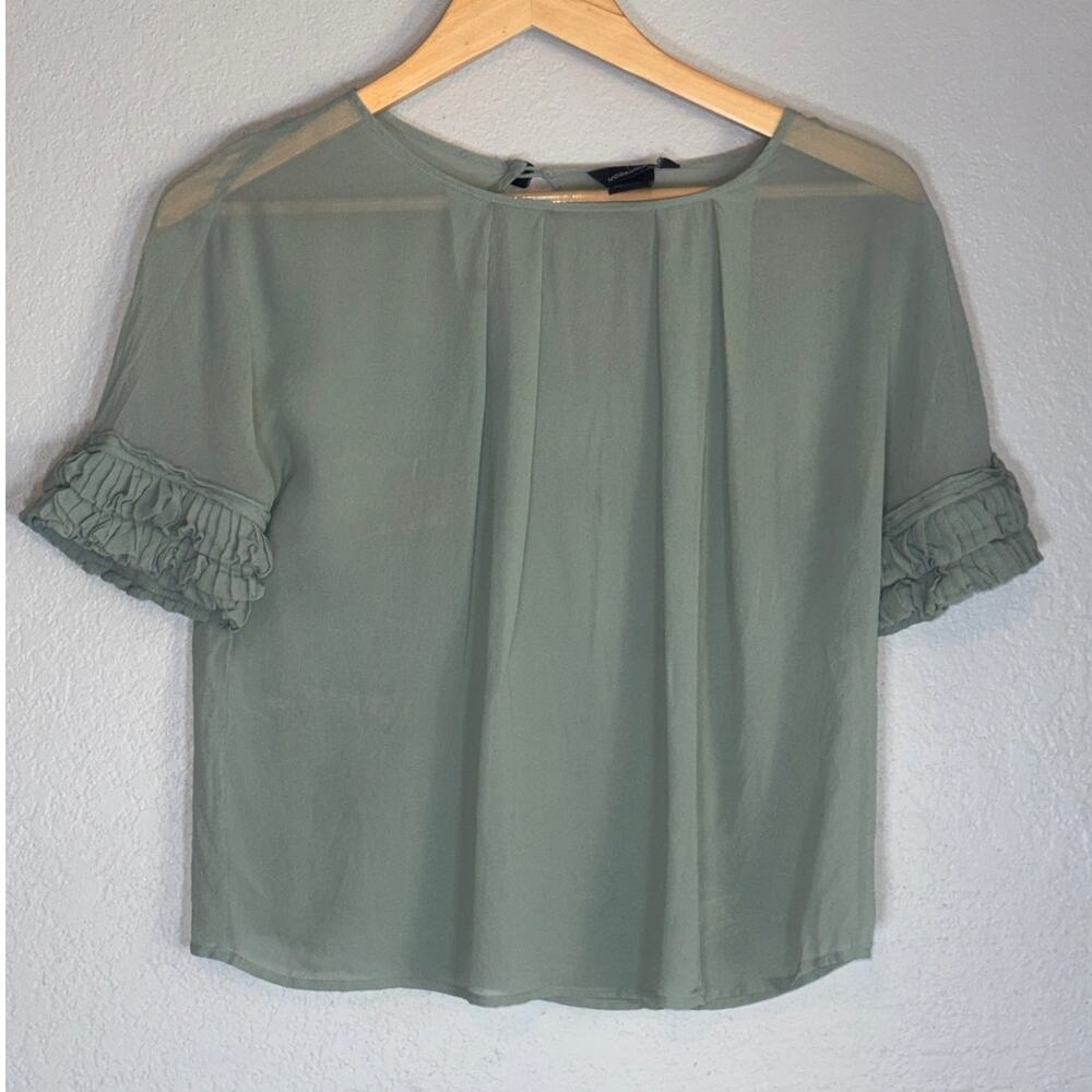 Y2K Moda International Sheer 100% Silk Top XS Ruffle Sage Green Minimalist Light